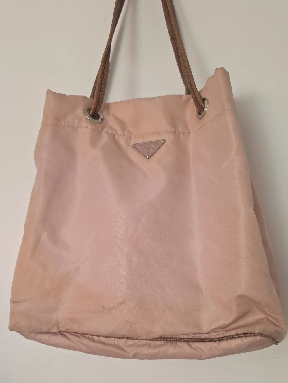 Prada Blush Nylon Tote with Brown Rope Handles